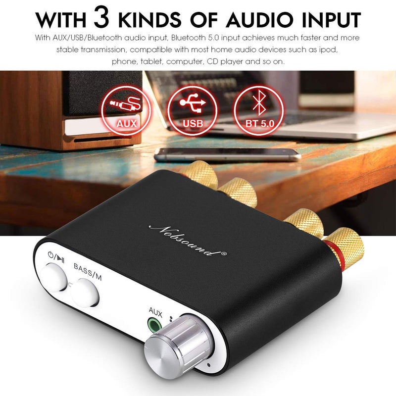 Nobsound مضخم صوت نوبساوند NS-10G بلوتوث 5.0 2 قناة HiFi ستيريو صوتي مضخم صغير جهاز استقبال لاسلكي 50Wx2 لمكبر الصوت المنزلي مع USB وتأثير صوت الباس (أسود) - Image 4
